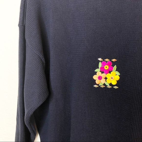 Vintage | Black Floral Embroidered V Neck Sweater - Picture 6 of 7